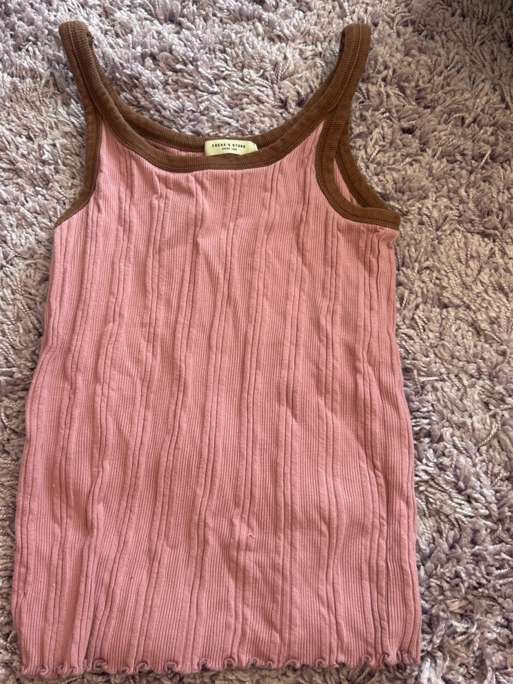 Pink Ribbed Tank with Brown Trim -